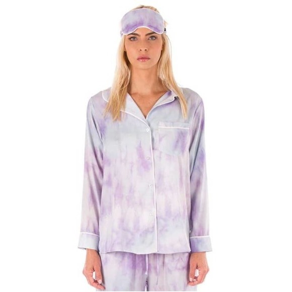 Plush Women's Purple Tie Dye Silk Pajama Set with Matching Eye Mask Size XS - Picture 1 of 11